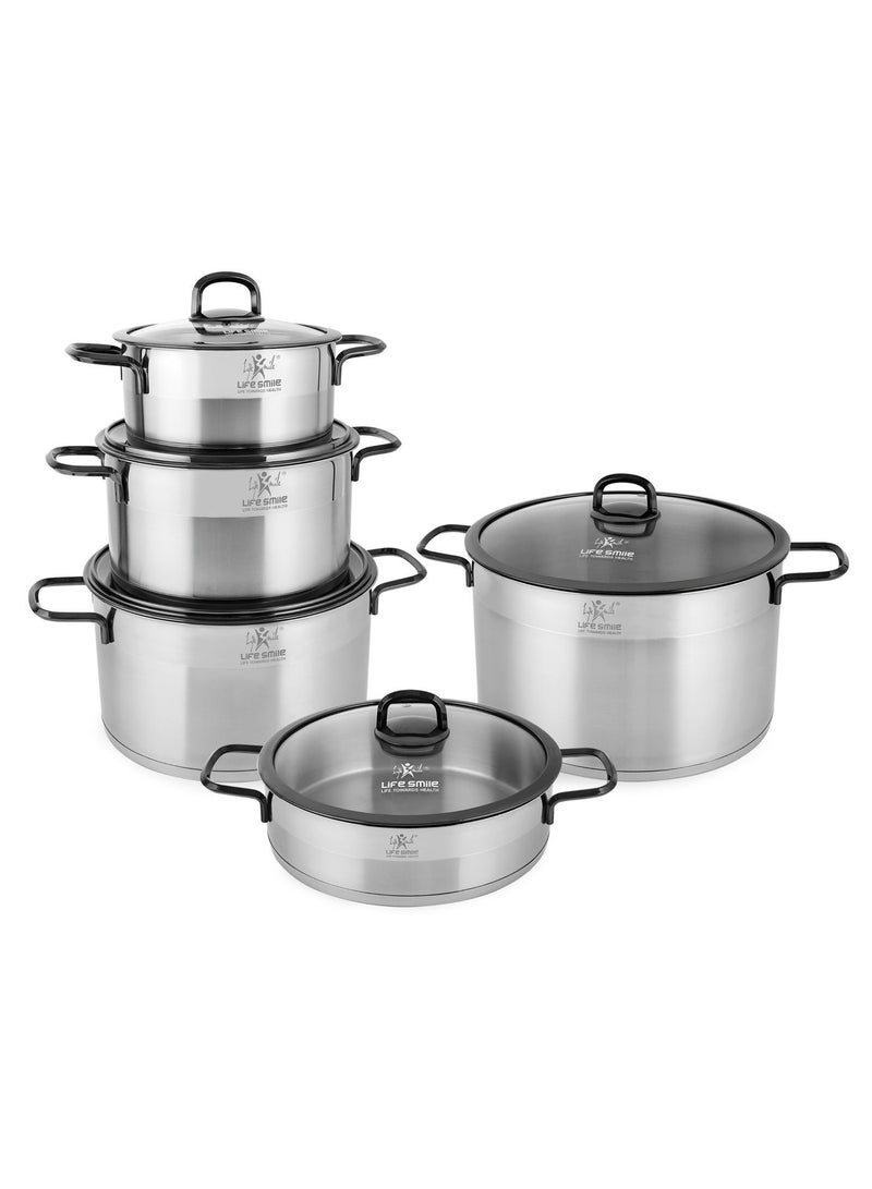 Life Smile 10-Piece Stainless Steel Cookware Set with Lids,20/24/28/32cm Casseroles,28cm Shallow Pot-Multi-Size Cooking Pots - Image 1